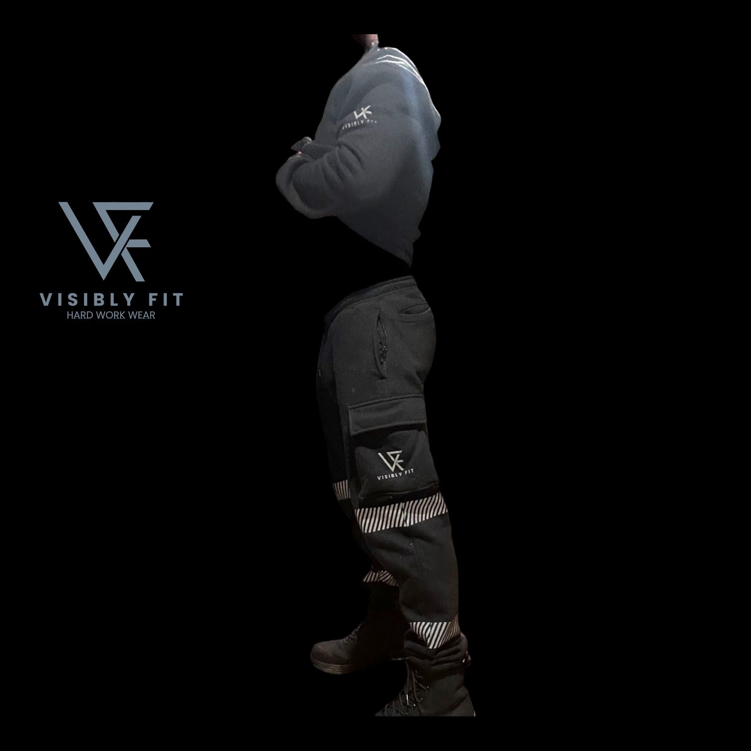 Black reflective cargo workwear joggers