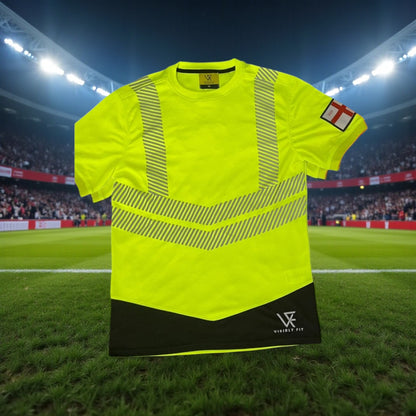 Yellow sports jersey with black accents on a grassy field at night