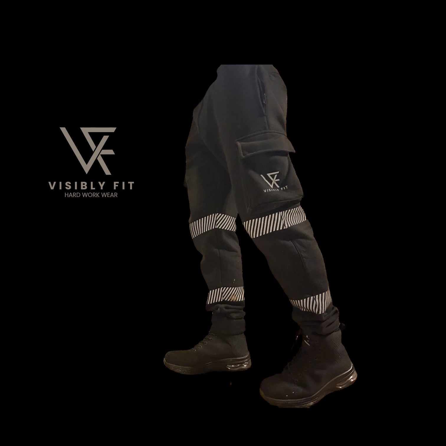 Black reflective cargo workwear joggers
