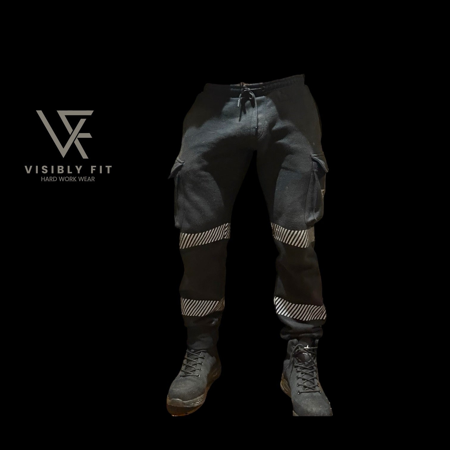 Black reflective cargo workwear joggers