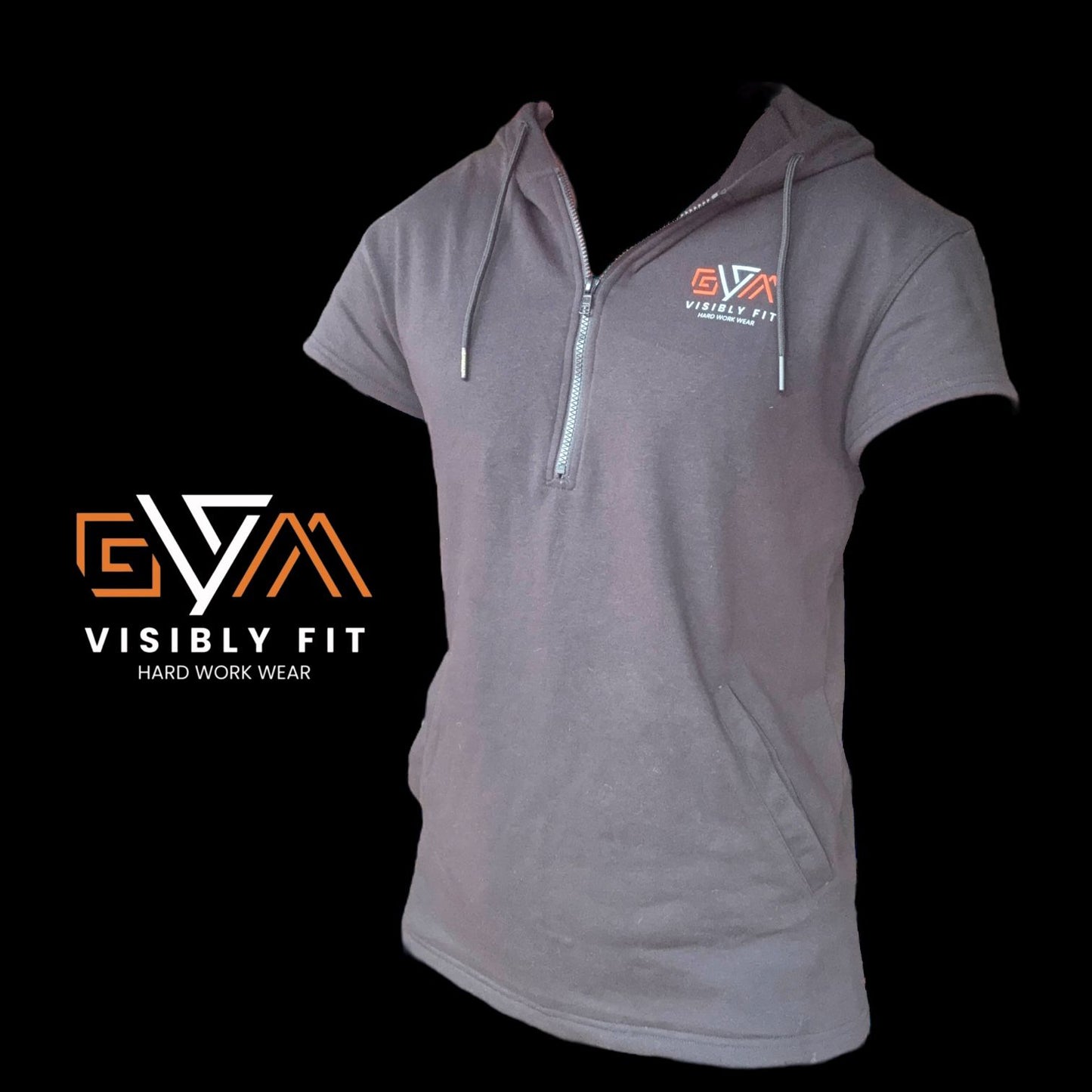 Gray gym hoodie with a zipper on a black background, featuring the 'Visibly Fit' logo.