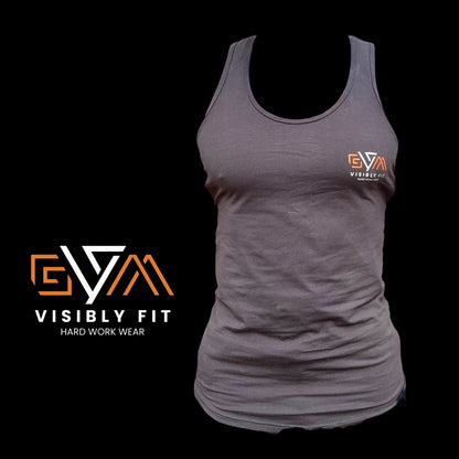 Gray tank top with 'Visibly Fit' logo on a black background